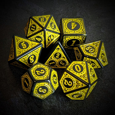 Yellow Lattice on Black Acrylic - 7pcs RPG Full Dice Set Top